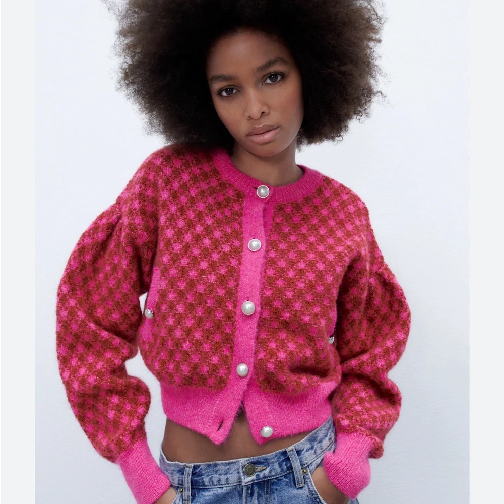 Zara Pink and rust Checkered Cardigan